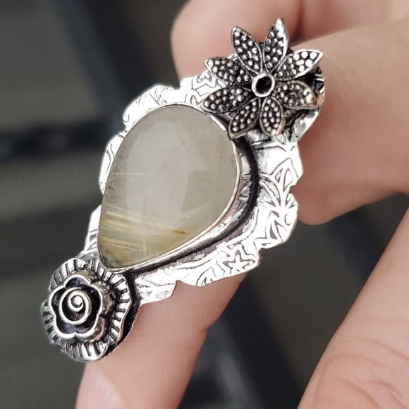 New Golden Rutile Carved 925 Silver Ring. - Picture 16 of 16